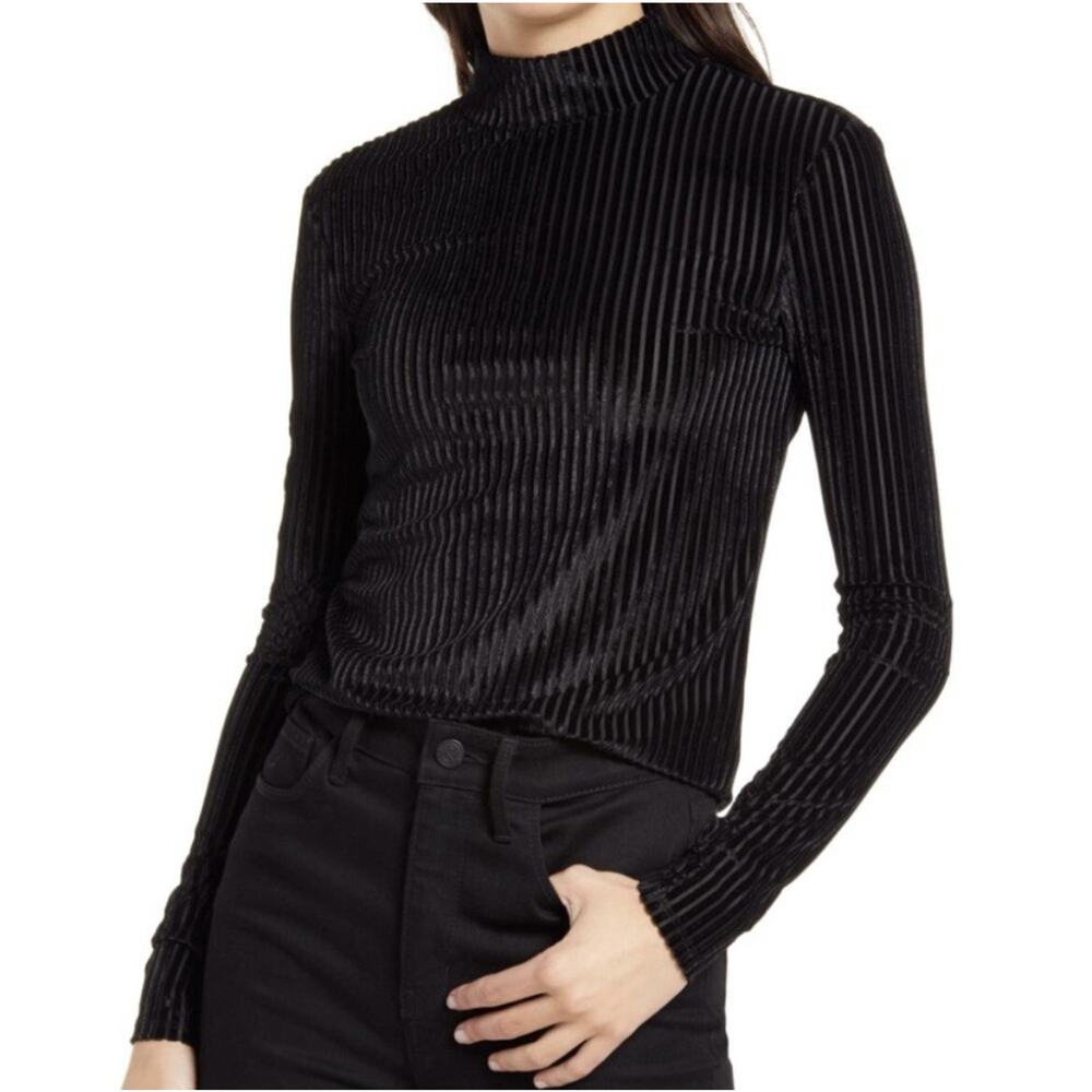 CHELSEA28 Black Velour Stripe Velvet Mock Neck Long Sleeve Top Sz. S NWOT
